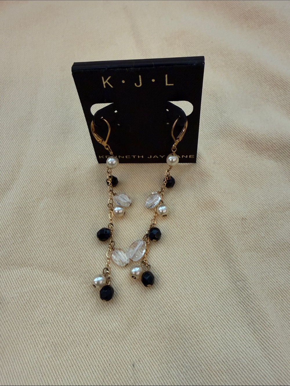 Kenneth Jay Lane Gold-Tone Pearl, Black & Clear Bead Dangle Earrings - Picture 3 of 3